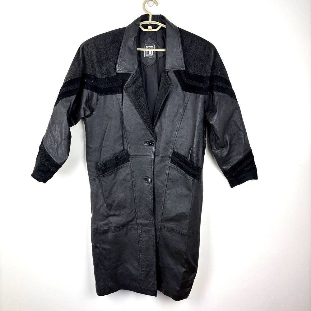 Vintage Greg Bell Black Leather Suede Long Trench Coat patchwork pockets